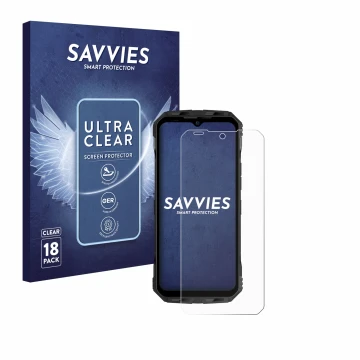 Parte frontale di una confezione del prodotto con il logo del marchio Savvies. Accanto è raffigurato il dispositivo Doogee V30