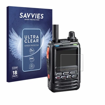 Parte frontale di una confezione del prodotto con il logo del marchio Savvies. Accanto è raffigurato il dispositivo Yaesu FT-5