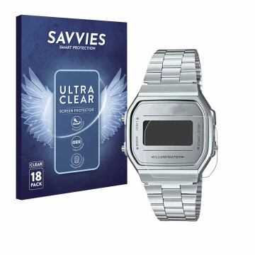 Parte frontale di una confezione del prodotto con il logo del marchio Savvies. Accanto è raffigurato il dispositivo Casio A168