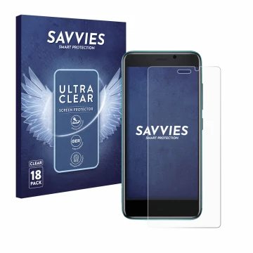 Parte frontale di una confezione del prodotto con il logo del marchio Savvies. Accanto è raffigurato il dispositivo Cubot J 20