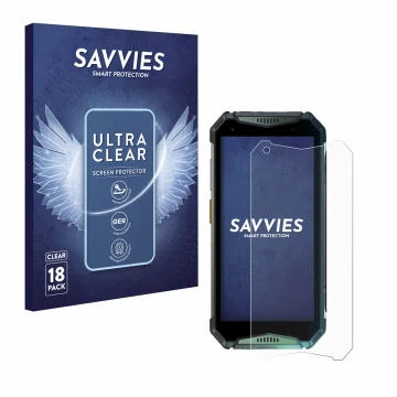 Parte frontale di una confezione del prodotto con il logo del marchio Savvies. Accanto è raffigurato il dispositivo Ulefone Ar