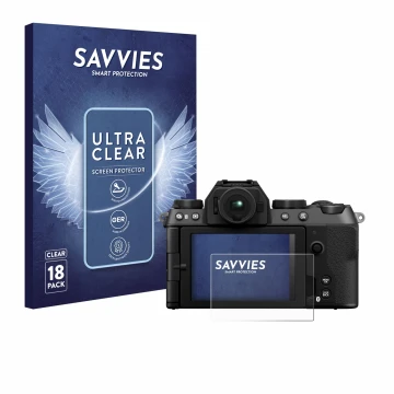 Parte frontale di una confezione del prodotto con il logo del marchio Savvies. Accanto è raffigurato il dispositivo Fujifilm X