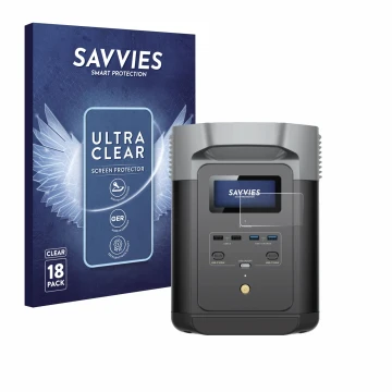 Parte frontale di una confezione del prodotto con il logo del marchio Savvies. Accanto è raffigurato il dispositivo EcoFlow DE