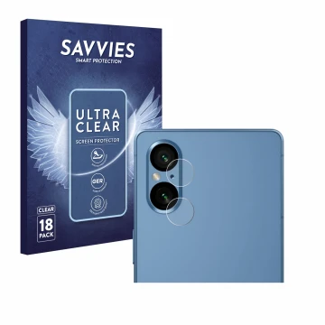 Parte frontale di una confezione del prodotto con il logo del marchio Savvies. Accanto è raffigurato il dispositivo Sony Xperi