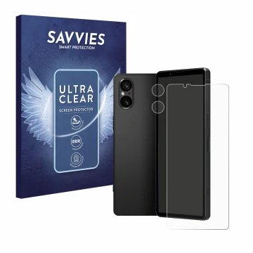 Parte frontale di una confezione del prodotto con il logo del marchio Savvies. Accanto è raffigurato il dispositivo Sony Xperi