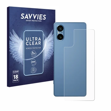 Parte frontale di una confezione del prodotto con il logo del marchio Savvies. Accanto è raffigurato il dispositivo Sony Xperi