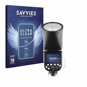 Parte frontale di una confezione del prodotto con il logo del marchio Savvies. Accanto è raffigurato il dispositivo Godox V1 c