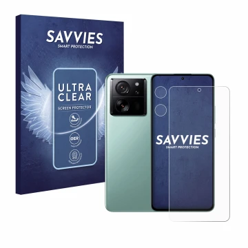 Parte frontale di una confezione del prodotto con il logo del marchio Savvies. Accanto è raffigurato il dispositivo Xiaomi 13T