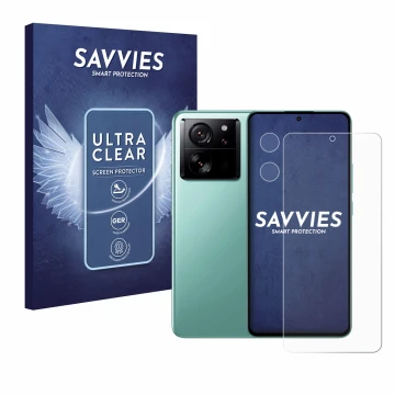 Parte frontale di una confezione del prodotto con il logo del marchio Savvies. Accanto è raffigurato il dispositivo Xiaomi 13T