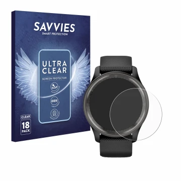 Parte frontale di una confezione del prodotto con il logo del marchio Savvies. Accanto è raffigurato il dispositivo Garmin Viv