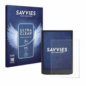 Parte frontale di una confezione del prodotto con il logo del marchio Savvies. Accanto è raffigurato il dispositivo PocketBook