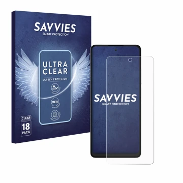 Parte frontale di una confezione del prodotto con il logo del marchio Savvies. Accanto è raffigurato il dispositivo TCL 40 NXT