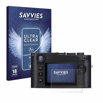 Parte frontale di una confezione del prodotto con il logo del marchio Savvies. Accanto è raffigurato il dispositivo Leica M11-