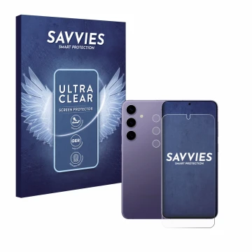Parte frontale di una confezione del prodotto con il logo del marchio Savvies. Accanto è raffigurato il dispositivo Samsung Ga