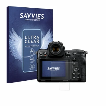 Parte frontale di una confezione del prodotto con il logo del marchio Savvies. Accanto è raffigurato il dispositivo Nikon Z 8 