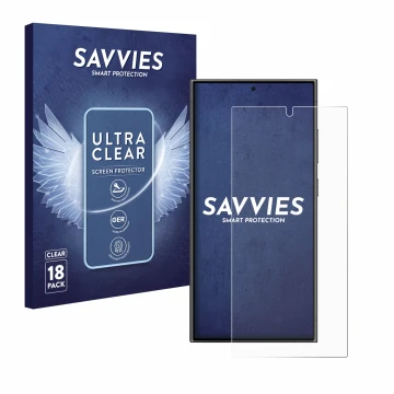 Parte frontale di una confezione del prodotto con il logo del marchio Savvies. Accanto è raffigurato il dispositivo Samsung Ga