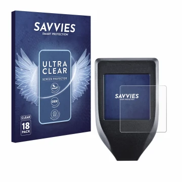 Parte frontale di una confezione del prodotto con il logo del marchio Savvies. Accanto è raffigurato il dispositivo Trezor Mod
