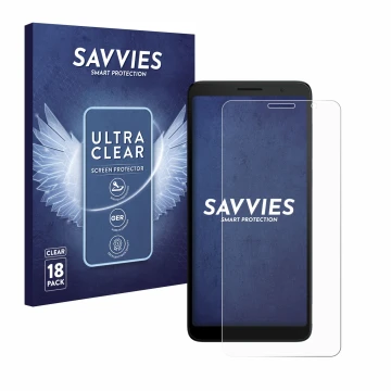 Parte frontale di una confezione del prodotto con il logo del marchio Savvies. Accanto è raffigurato il dispositivo TCL 501 co