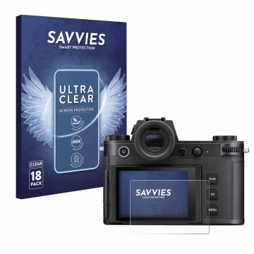 Parte frontale di una confezione del prodotto con il logo del marchio Savvies. Accanto è raffigurato il dispositivo Leica SL3 