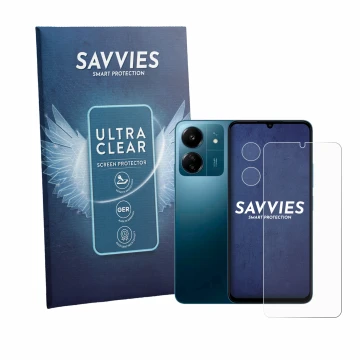 Parte frontale di una confezione del prodotto con il logo del marchio Savvies. Accanto è raffigurato il dispositivo Xiaomi Red