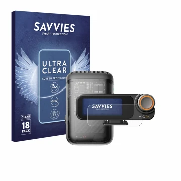 Parte frontale di una confezione del prodotto con il logo del marchio Savvies. Accanto è raffigurato il dispositivo DJI Mic 2 