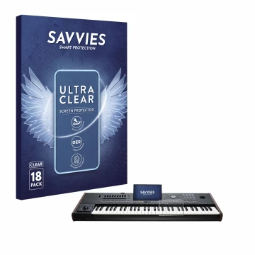 Parte frontale di una confezione del prodotto con il logo del marchio Savvies. Accanto è raffigurato il dispositivo KORG Pa5X 