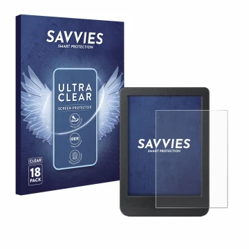 Parte frontale di una confezione del prodotto con il logo del marchio Savvies. Accanto è raffigurato il dispositivo Kobo Clara