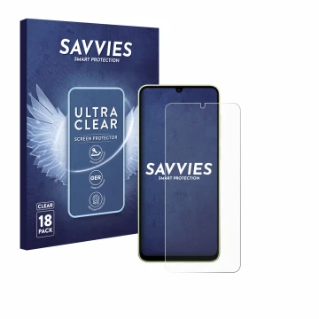 Parte frontale di una confezione del prodotto con il logo del marchio Savvies. Accanto è raffigurato il dispositivo Samsung Ga