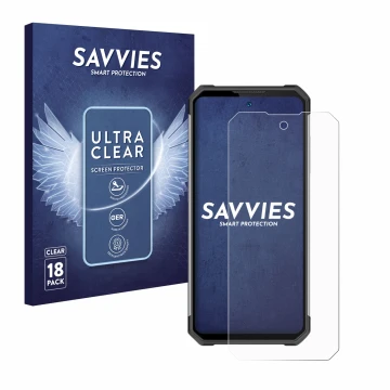 Parte frontale di una confezione del prodotto con il logo del marchio Savvies. Accanto è raffigurato il dispositivo Oukitel WP