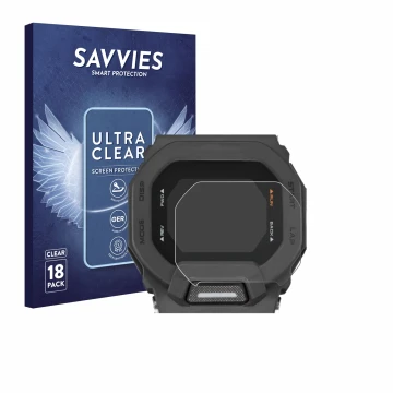 Parte frontale di una confezione del prodotto con il logo del marchio Savvies. Accanto è raffigurato il dispositivo Casio G-Sh
