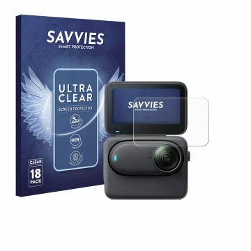 Parte frontale di una confezione del prodotto con il logo del marchio Savvies. Accanto è raffigurato il dispositivo Insta360 G