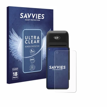 Parte frontale di una confezione del prodotto con il logo del marchio Savvies. Accanto è raffigurato il dispositivo Verifone T