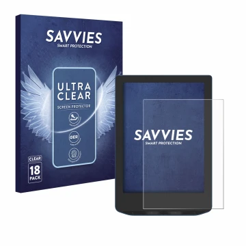 Parte frontale di una confezione del prodotto con il logo del marchio Savvies. Accanto è raffigurato il dispositivo PocketBook