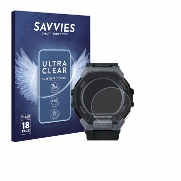 Parte frontale di una confezione del prodotto con il logo del marchio Savvies. Accanto è raffigurato il dispositivo Casio G-Sh