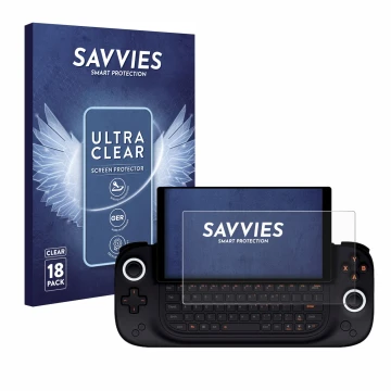 Parte frontale di una confezione del prodotto con il logo del marchio Savvies. Accanto è raffigurato il dispositivo Ayaneo Sli