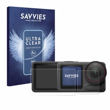 Parte frontale di una confezione del prodotto con il logo del marchio Savvies. Accanto è raffigurato il dispositivo DJI Osmo A