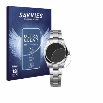 Parte frontale di una confezione del prodotto con il logo del marchio Savvies. Accanto è raffigurato il dispositivo Rolex Oyst