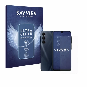 Parte frontale di una confezione del prodotto con il logo del marchio Savvies. Accanto è raffigurato il dispositivo Samsung Ga