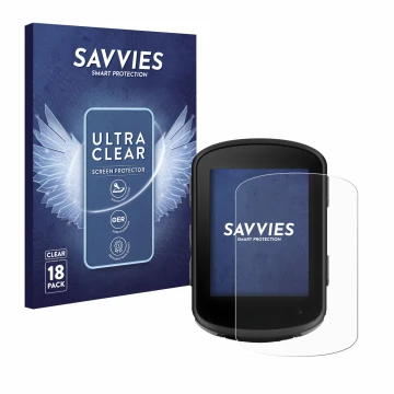 Parte frontale di una confezione del prodotto con il logo del marchio Savvies. Accanto è raffigurato il dispositivo Garmin Edg