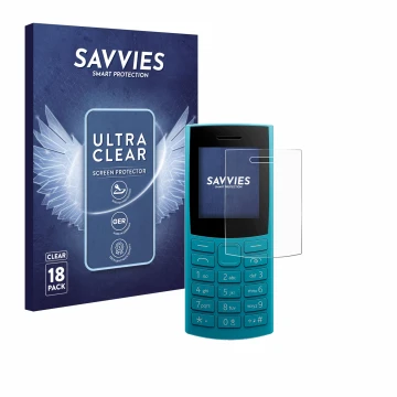 Parte frontale di una confezione del prodotto con il logo del marchio Savvies. Accanto è raffigurato il dispositivo Nokia 105 