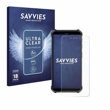 Parte frontale di una confezione del prodotto con il logo del marchio Savvies. Accanto è raffigurato il dispositivo Ulefone Ar