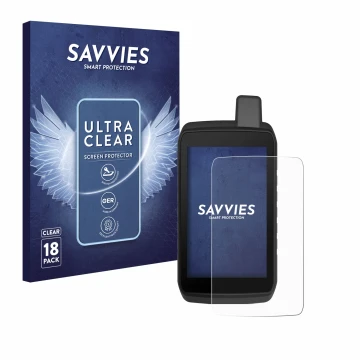 Parte frontale di una confezione del prodotto con il logo del marchio Savvies. Accanto è raffigurato il dispositivo Garmin Mon