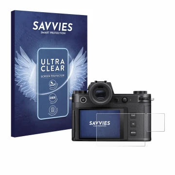Parte frontale di una confezione del prodotto con il logo del marchio Savvies. Accanto è raffigurato il dispositivo Leica SL3-