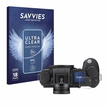 Parte frontale di una confezione del prodotto con il logo del marchio Savvies. Accanto è raffigurato il dispositivo Leica SL3-