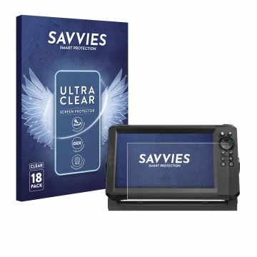 Parte frontale di una confezione del prodotto con il logo del marchio Savvies. Accanto è raffigurato il dispositivo Lowrance E