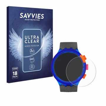 Parte frontale di una confezione del prodotto con il logo del marchio Savvies. Accanto è raffigurato il dispositivo Swatch Neo