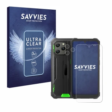 Parte frontale di una confezione del prodotto con il logo del marchio Savvies. Accanto è raffigurato il dispositivo Blackview 