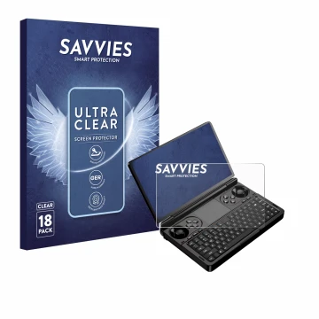 Parte frontale di una confezione del prodotto con il logo del marchio Savvies. Accanto è raffigurato il dispositivo GPD Win Mi