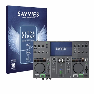 Parte frontale di una confezione del prodotto con il logo del marchio Savvies. Accanto è raffigurato il dispositivo Denon DJ P