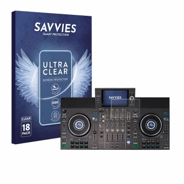 Parte frontale di una confezione del prodotto con il logo del marchio Savvies. Accanto è raffigurato il dispositivo Denon DJ S